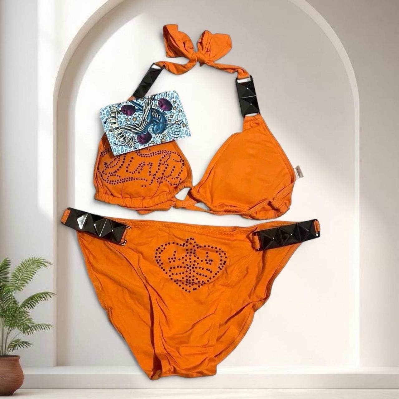 Y2K Sinful By Affliction vintage orange rhinestone bikini set size S angel wings