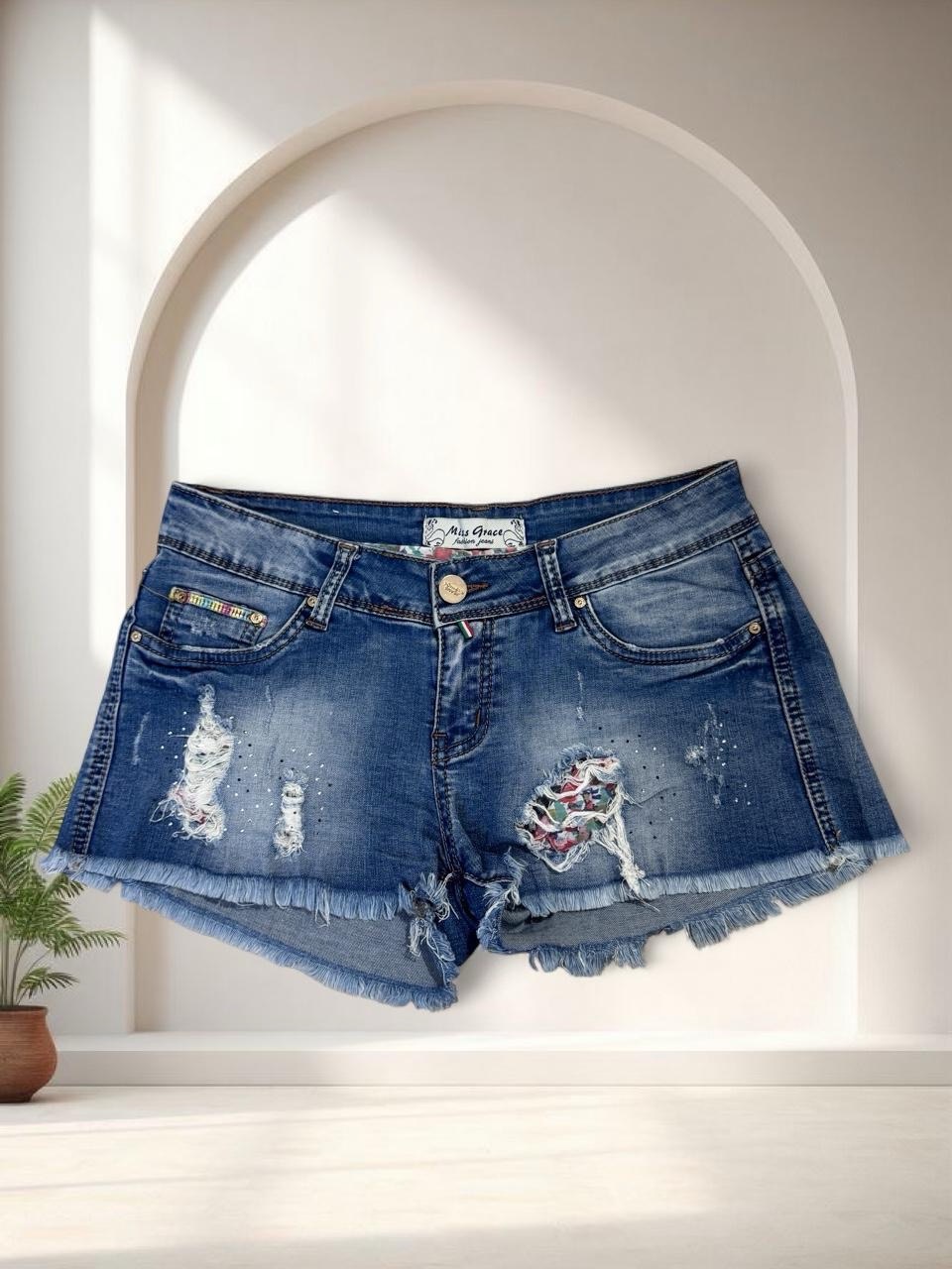 Y2k Italian Vintage Miss Grace low rise blue denim shorts rhinestone McBling size S
