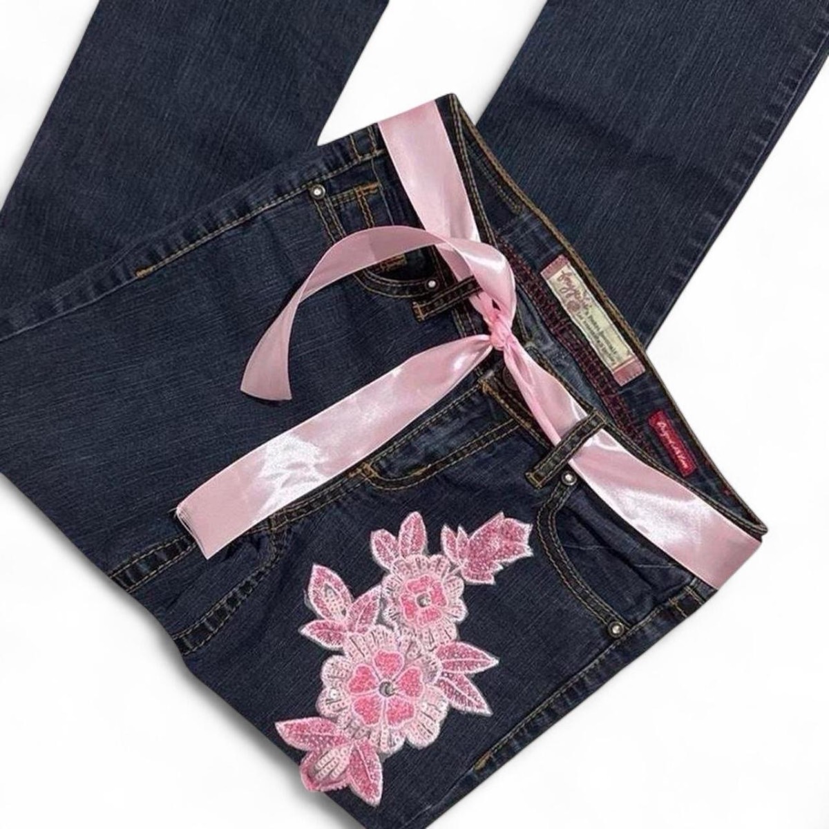 Vintage Y2K Low-Rise Flare Jeans | Pink Floral Embroidery & Ribbon Belt | UK 6