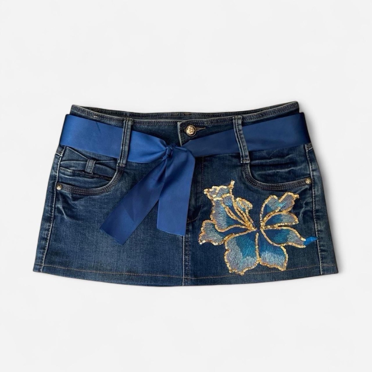 y2k 00s vintage blue denim Micro skirt low rise hibiscus sequin patch