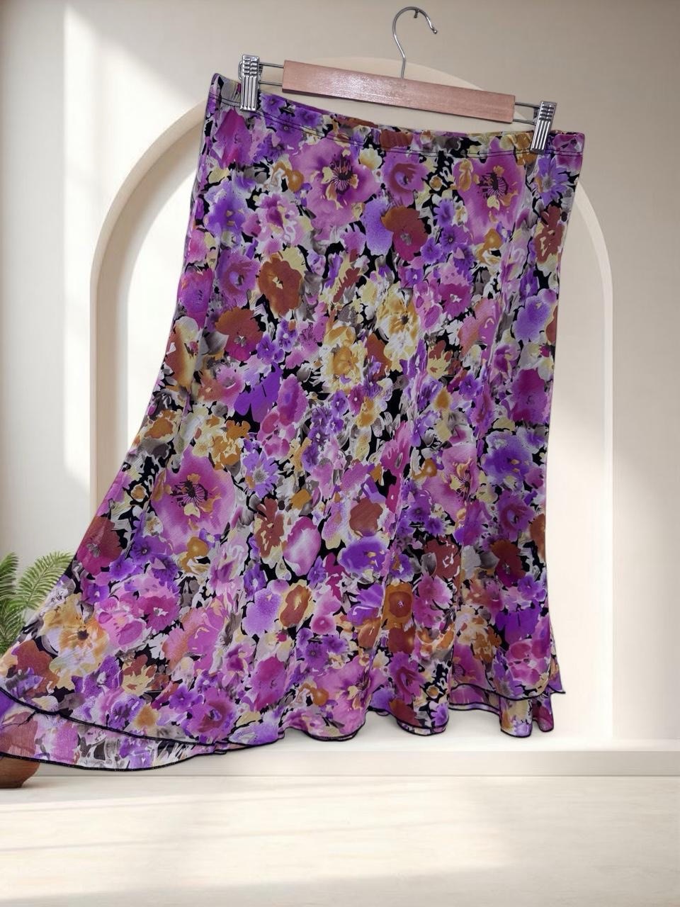 Y2k whimsical Notations purple floral flare midi skirt with ruffle hem, size M