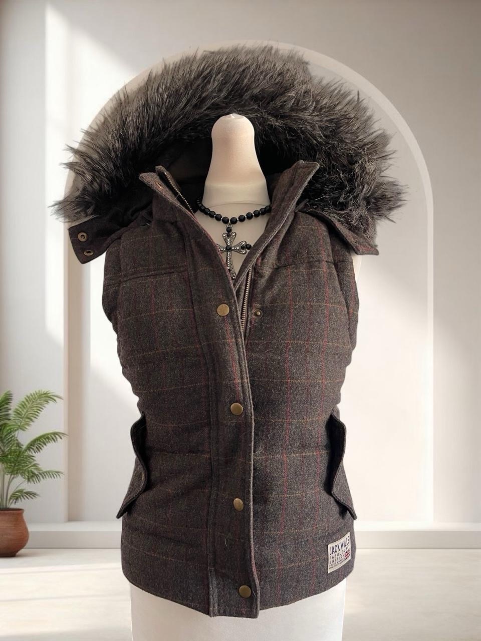 Y2K O0s plaid wool gilet puffer vest with removable fur hood Size S