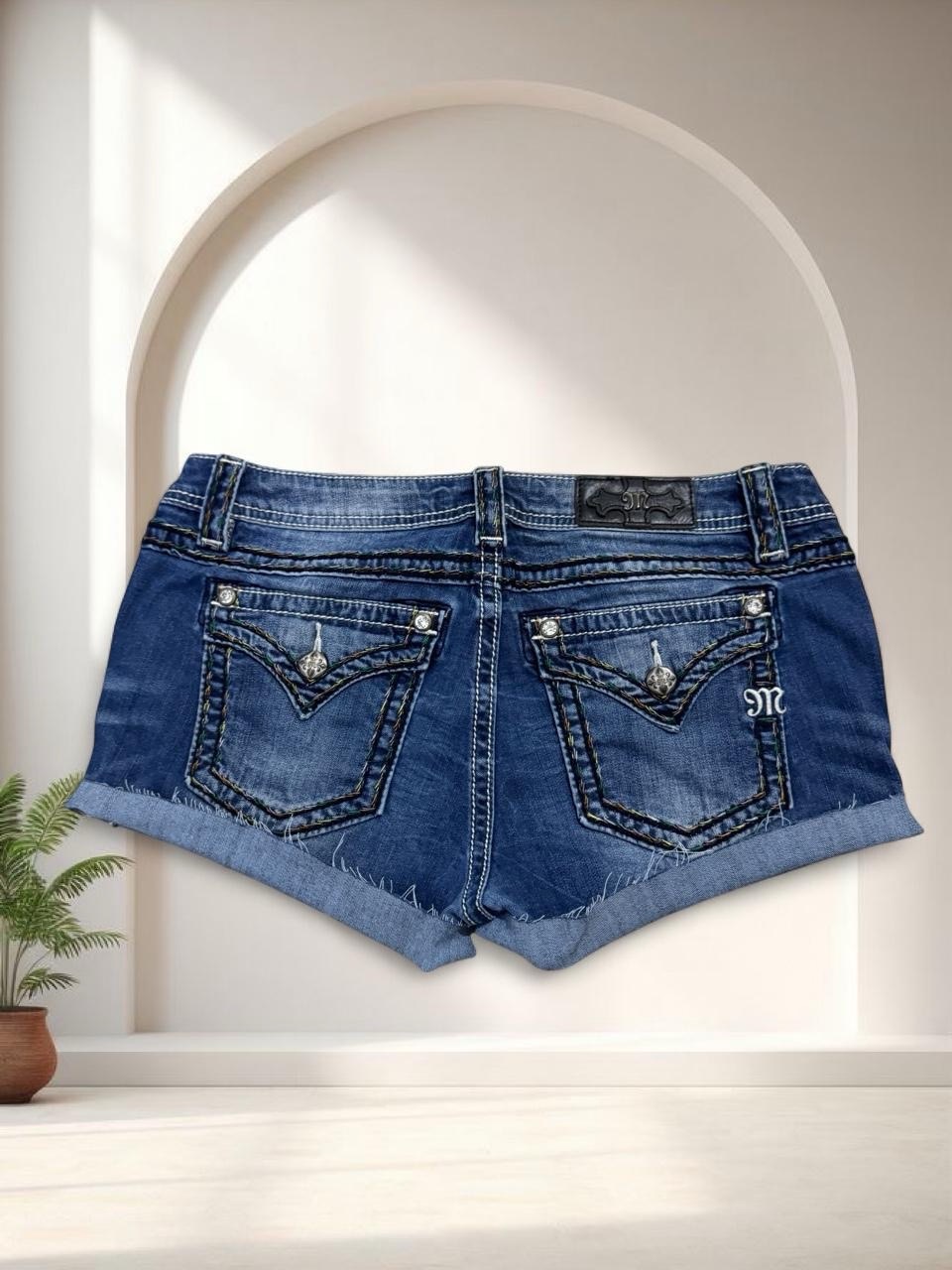 Y2k Vintage Miss Me low rise blue denim shorts size L rhinestone embroidered flap pockets