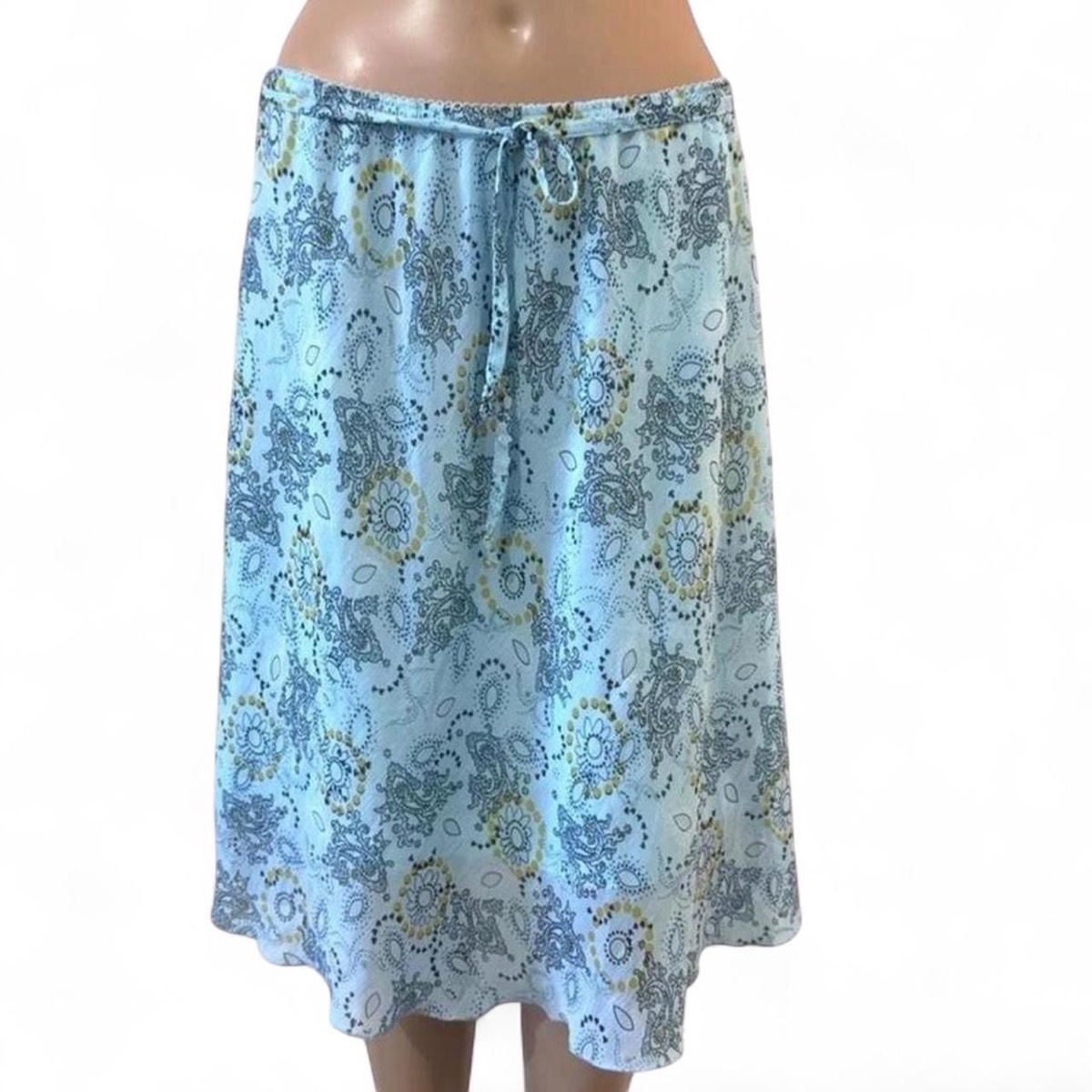 00s y2k Blue paisley print midi skirt with drawstring waist low rise