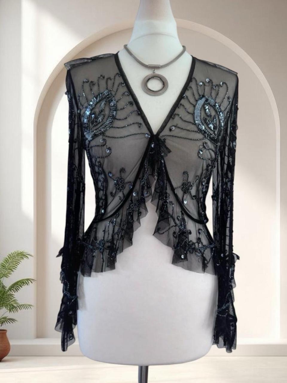 Whimsical Gothic Black sheer mesh bolero cardigan sequins embroidery and ruffled bell sleeves