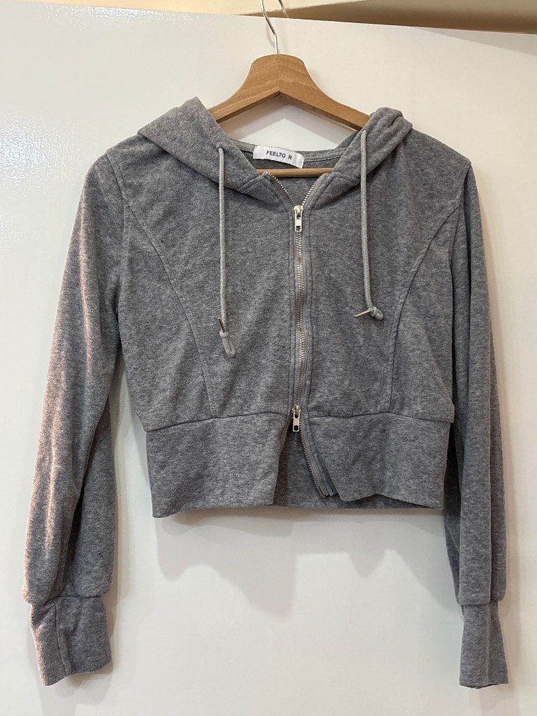 Grey Cropped Zip Hoodie Womens Casual Hooded Jacket  Top