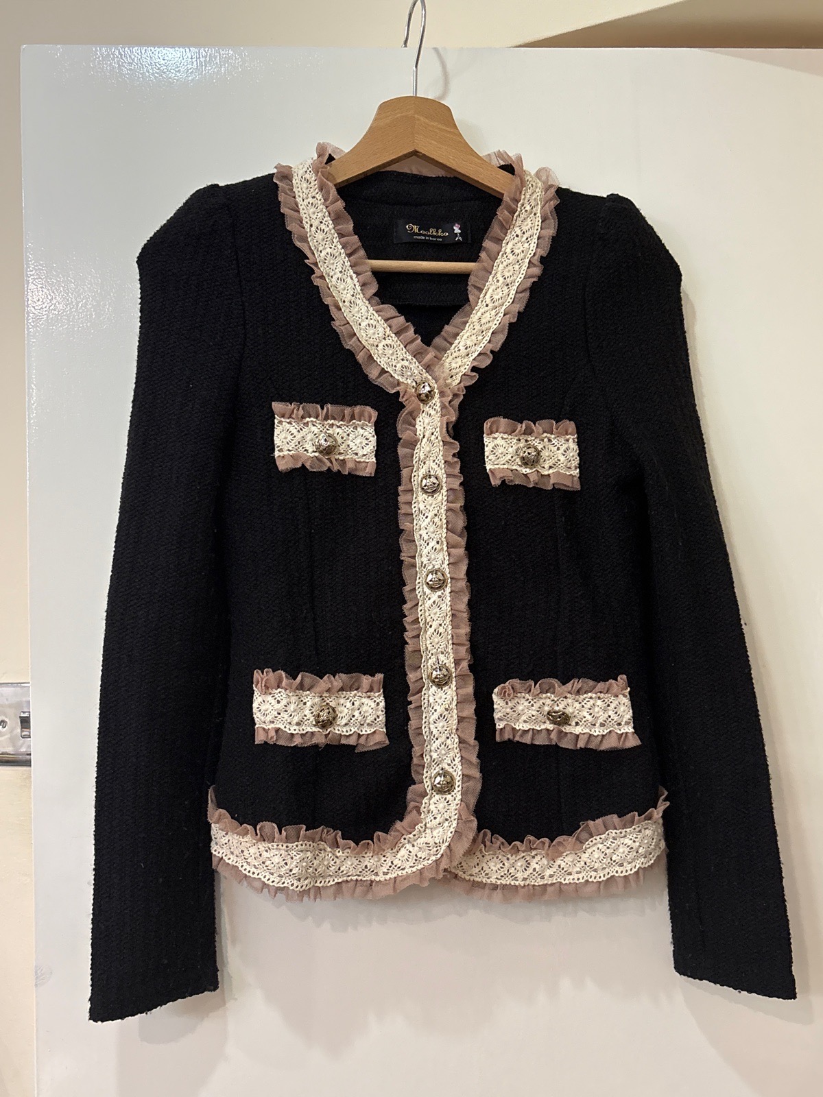 Black Tweed Style Jacket with Lace & Ruffle Trim | Bust 80cm | Length 55cm