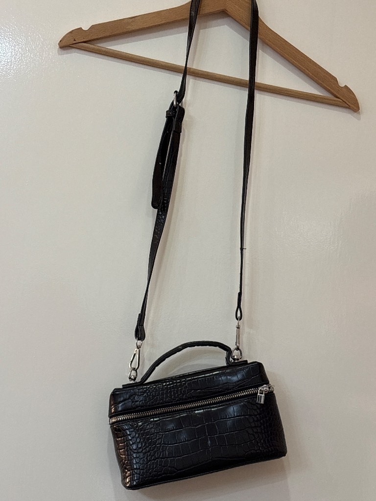 Black Croc Effect Crossbody Bag Faux Leather Top Handle Shoulder Handbag Mini Purse