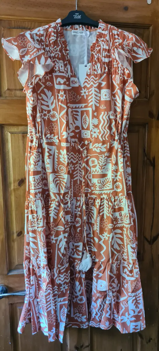 Grace Karin womans drawstring waist floral flutter sleeve dress terracotta