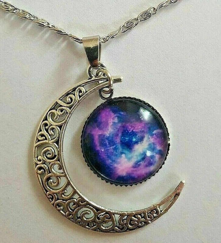 New Silver Tone Crescent Moon Galaxy Pendant Necklace Celestial Gift - Sealed Bag