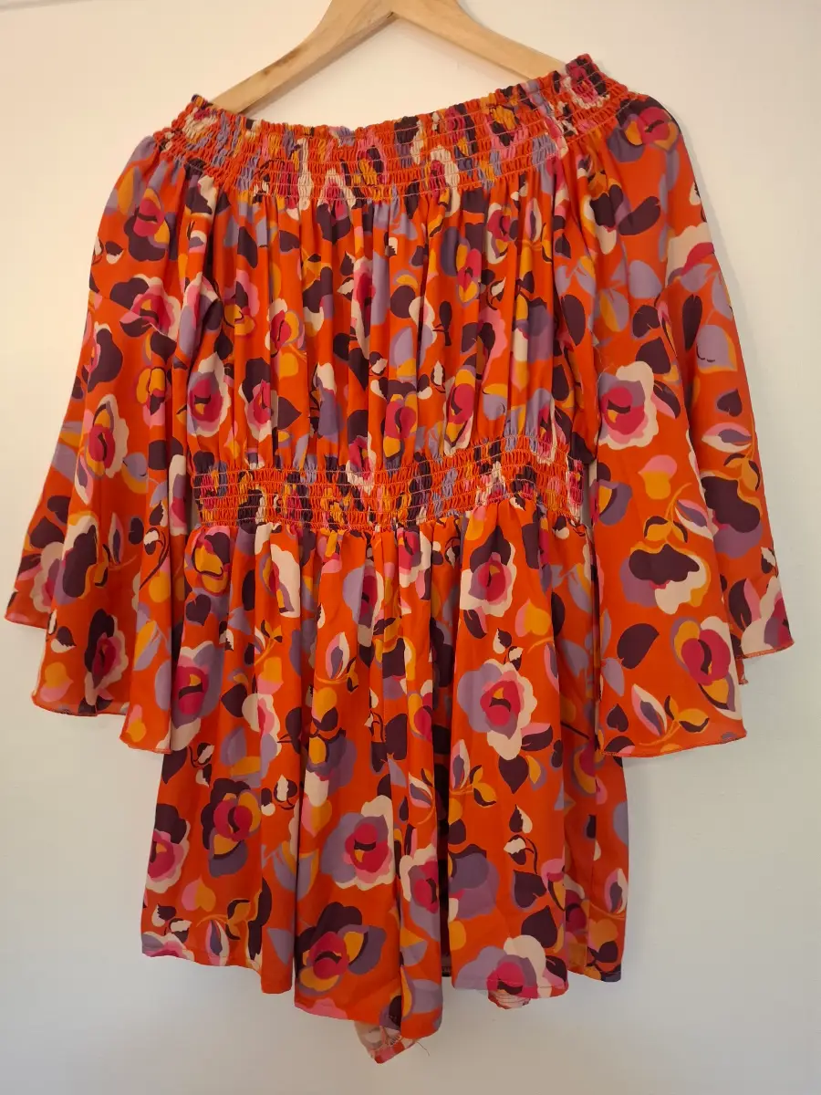 LOVE | Retro Floral Off-Shoulder Playsuit | Bell Sleeves | Boho Festival Holiday | Size M