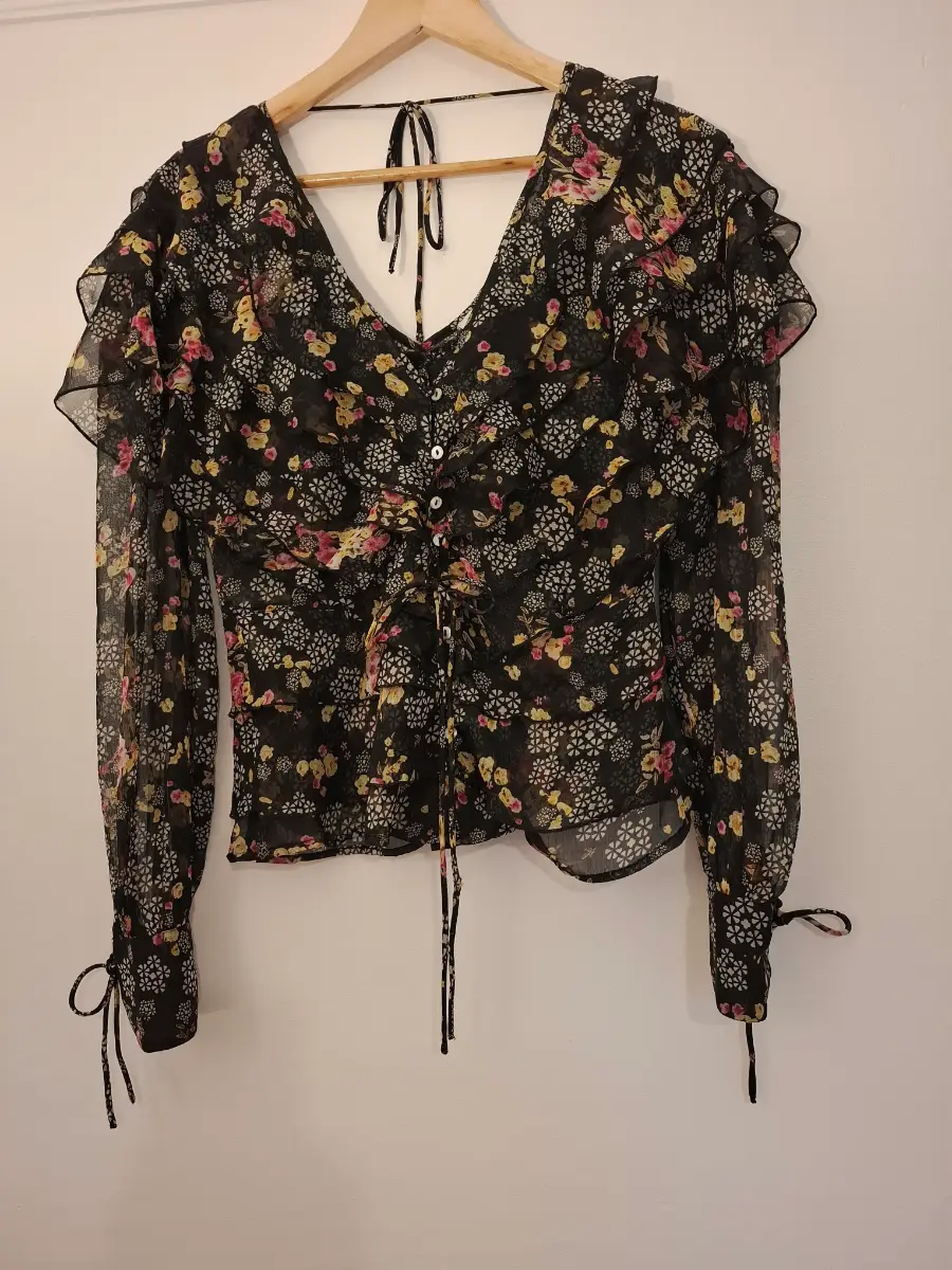 Topshop Black Floral Ruffle Blouse | UK 10 | Sheer Romantic Boho Top