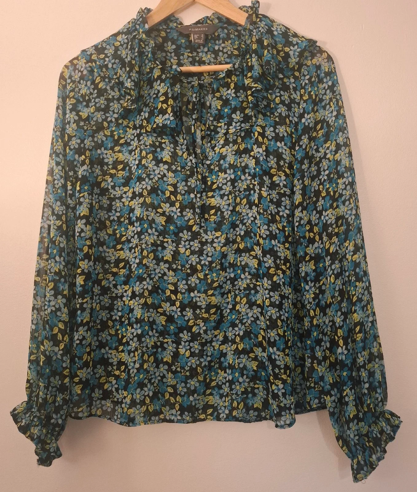 Primark UK 10 Sheer Blue Floral Ruffle Blouse Tie Neck Long Sleeve Workwear