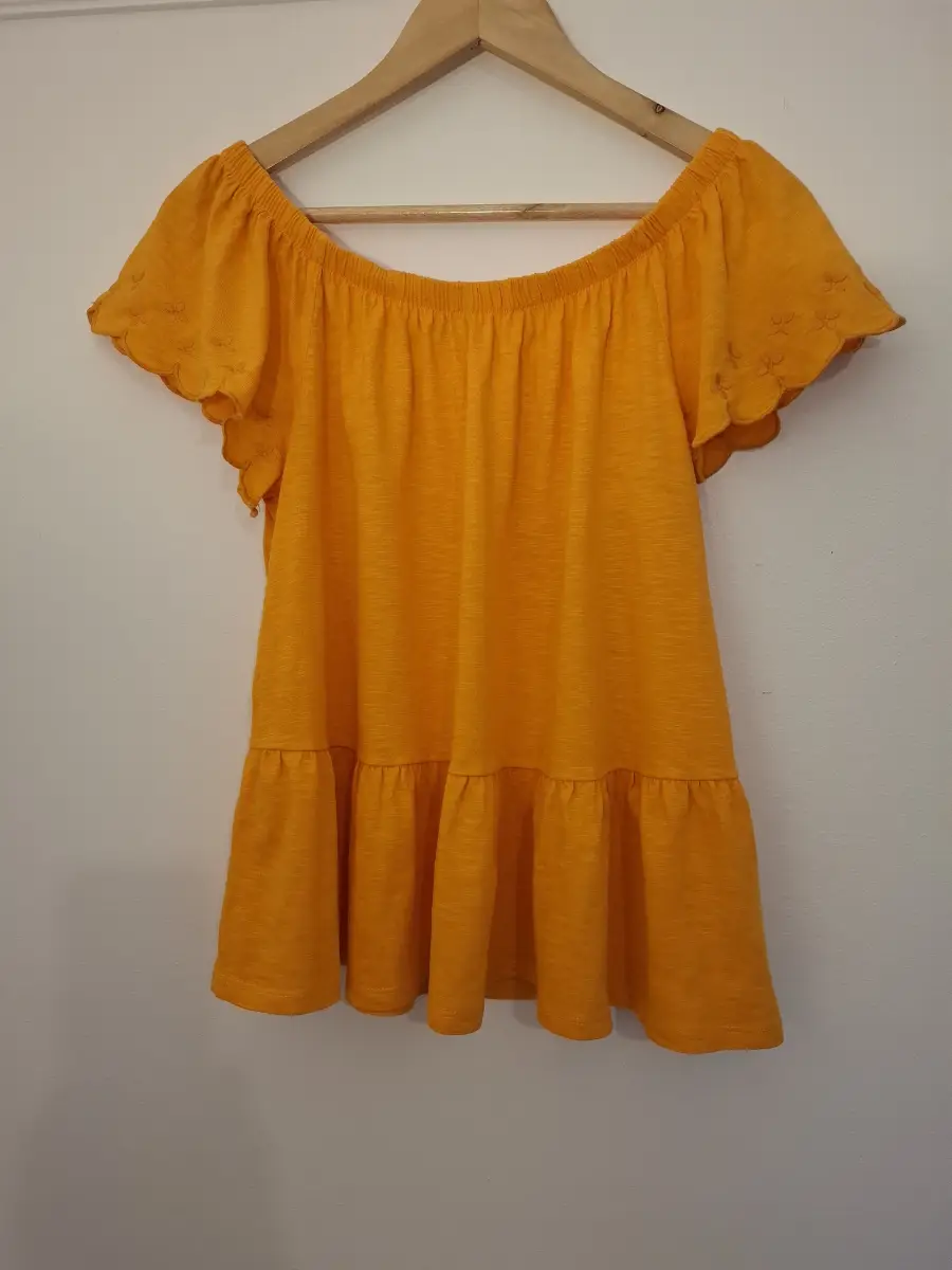 George Vibrant Orange Top. Bardot Style. Broderie Anglaise. Size 10