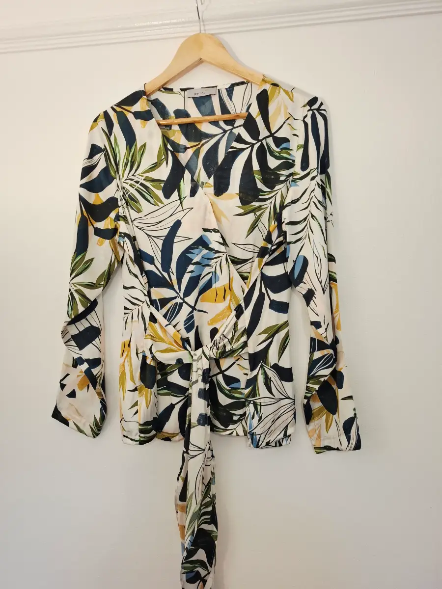 Per Una Botanical Wrap Blouse UK 16 | Silky Feel Tie Waist Smart Work Office Autumn