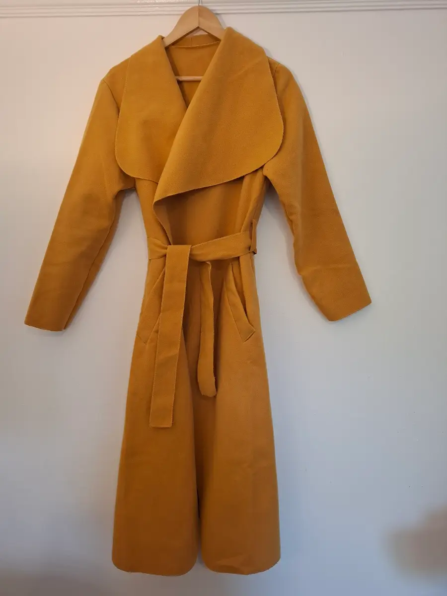 Unknown Label Elegant Mustard Waterfall Wrap Coat | Longline Belted | Timeless Autumn/Winter Layer