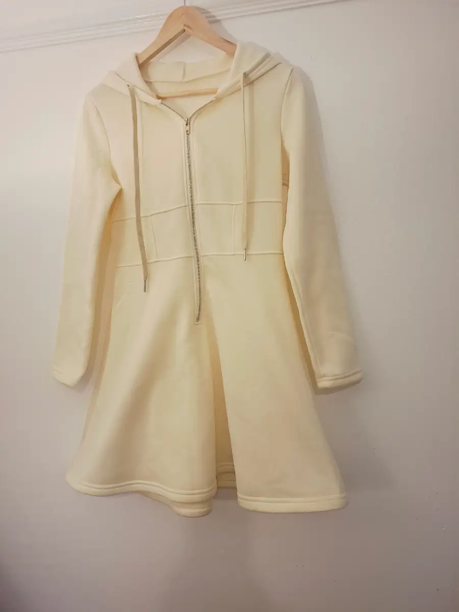 SHEIN Cream Hooded Fit & Flare Sweatshirt Dress | Size S | Cosy Chic | Zip Front