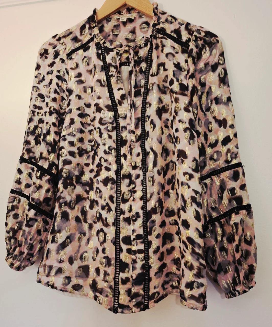 Love & Roses Leopard Print Gold Metallic Blouse UK 8 Balloon Sleeve Autumn Party