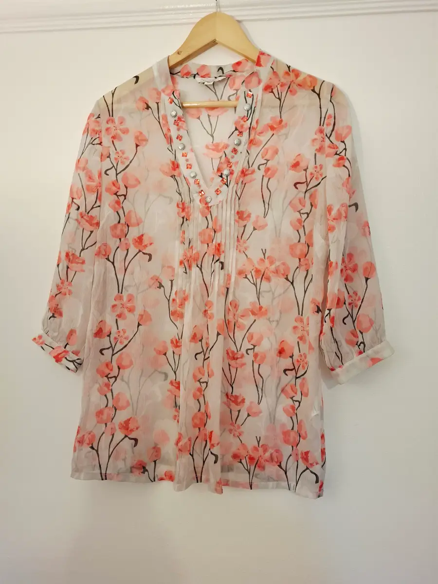 Nightingales Floral Sheer Tunic Blouse UK 10 Pink Embellished Festival Boho