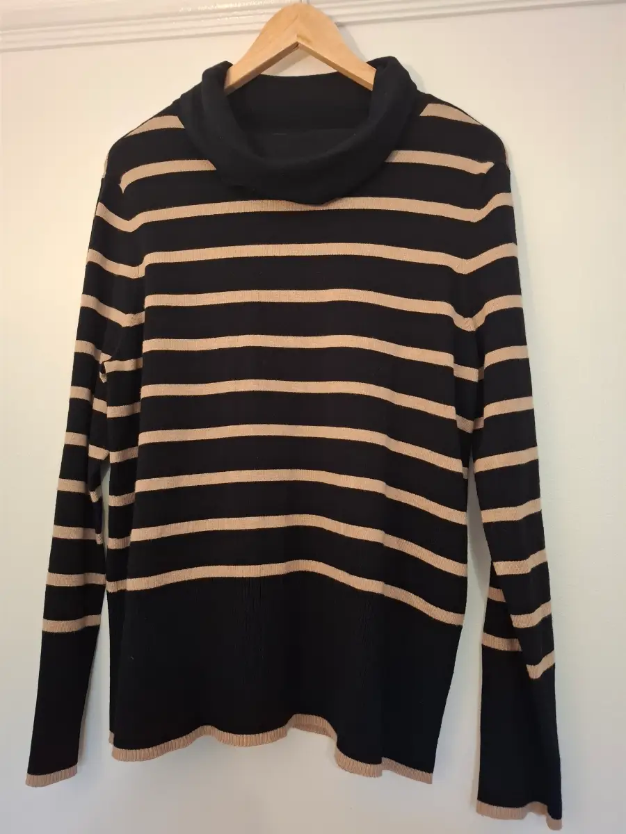 Betty Barclay Black & Camel Striped Fine Knit Jumper | Cowl Neck | Gold Button Sleeve Detail | UK 16