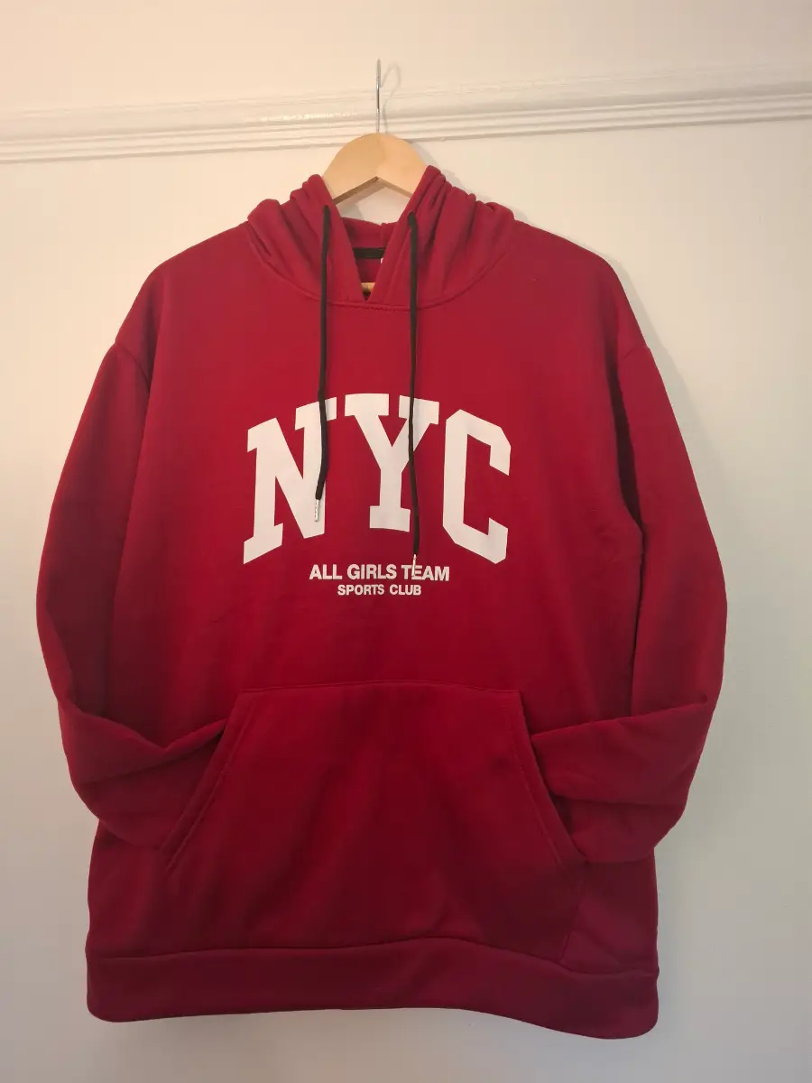 Unknown Label Cosy NYC Varsity Hoodie | Burgundy Red | Fleece-Lined. Size S