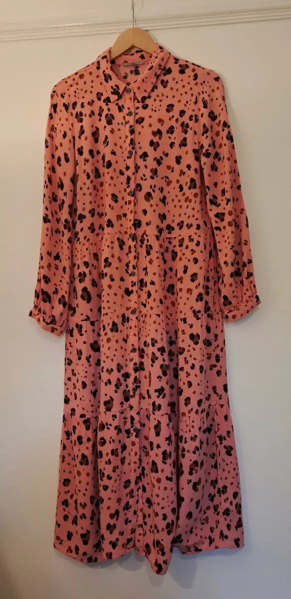 Oliver Bonas Leopard Print Tiered Button Through Midi Dress UK14