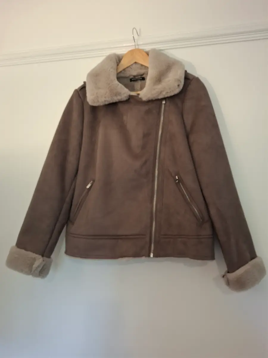 Peacocks Faux Shearling Aviator Jacket – Taupe – UK 10