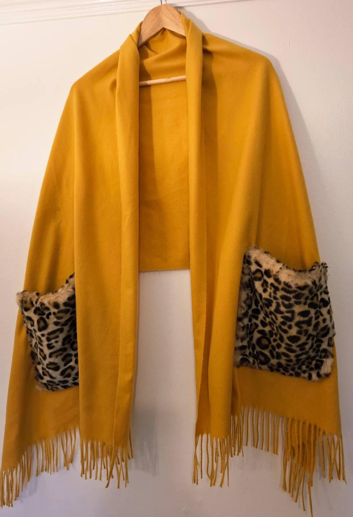 Mustard Yellow Wool Blend Oversized Shawl Scarf Leopard Faux Fur Pockets Fringe