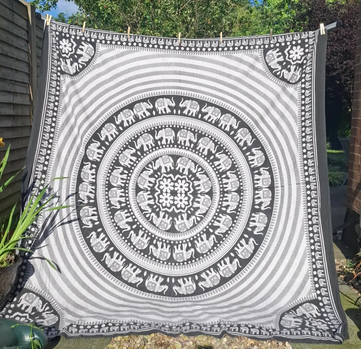 Elephant Mandala Wall Hanging / Throw / Tablecloth – Black & Ivory – Approx. 80" x 80"