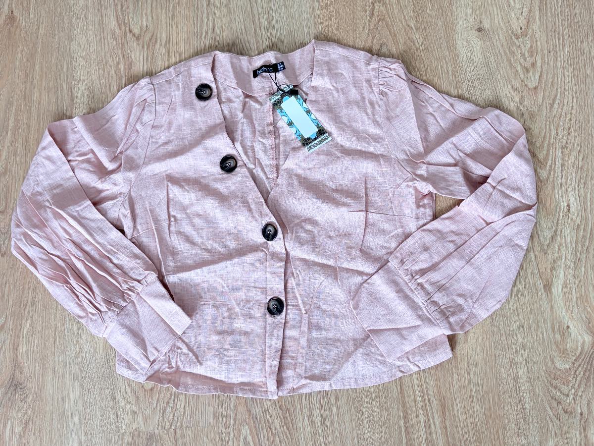 Boohoo Pink Linen Look Blouse Crop Jacket Puff Sleeve Tortoiseshell Button UK 14 US 10