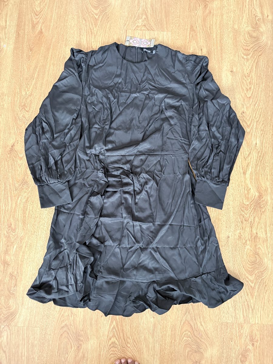 Boohoo Womens Black Satin Ruffle Mini Dress Puff Sleeve Size UK 16 US 12 NWT New