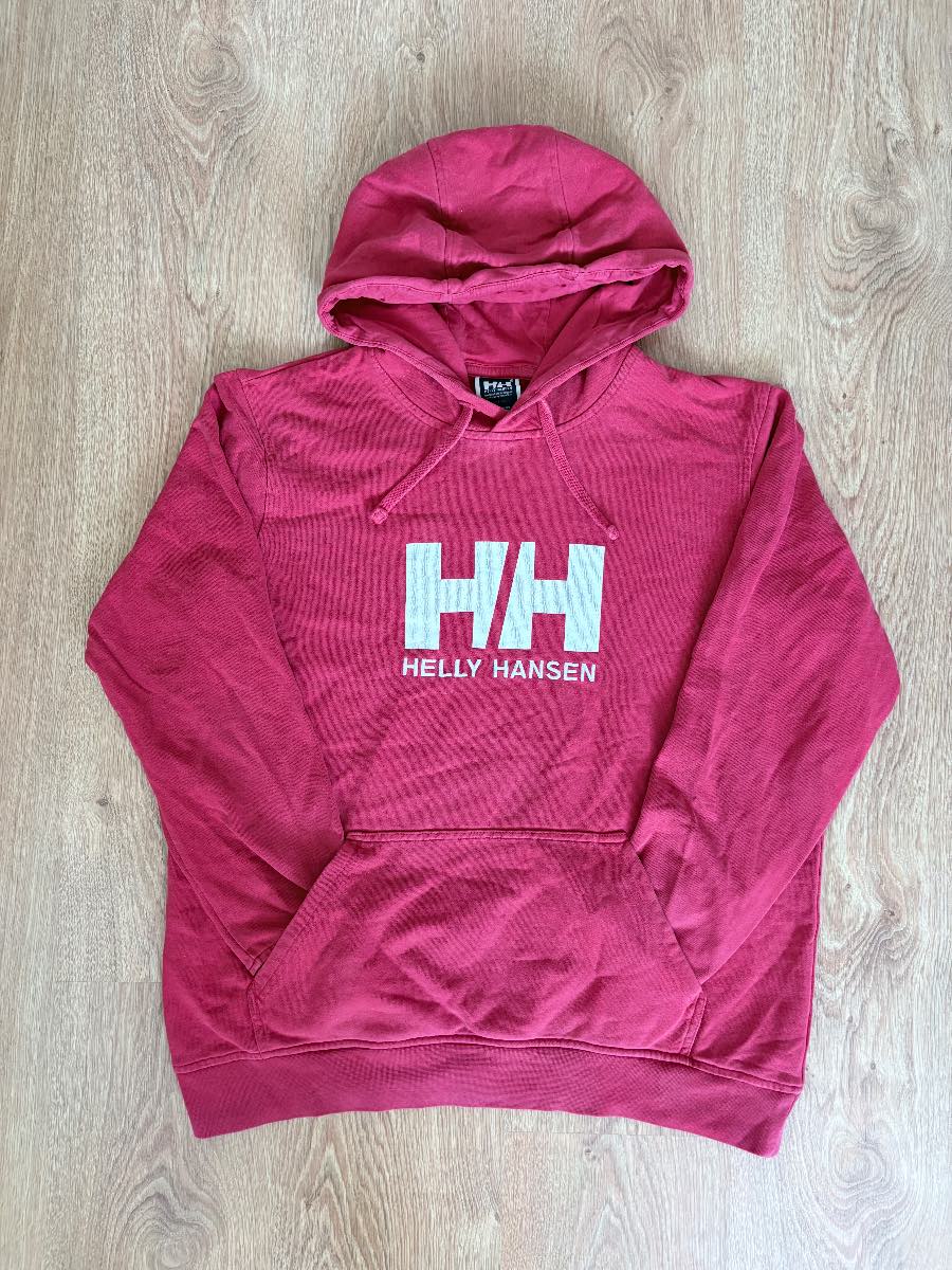 HELLY HANSEN Mens Hoodie Large Red Pink Big Logo Pullover 100% Organic Cotton