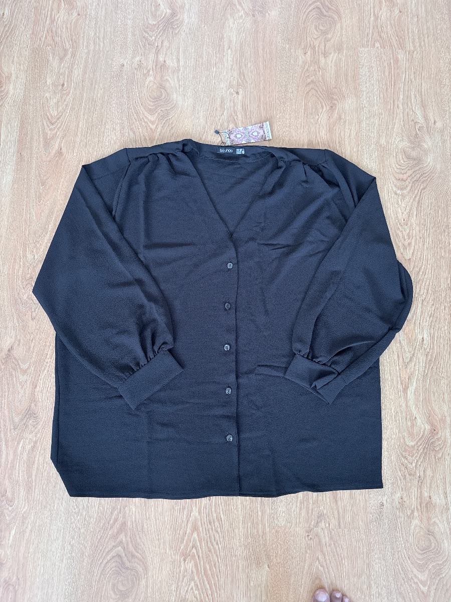 Boohoo plus size nwt textured black v-neck balloon sleeve blouse shirt 20 🖤