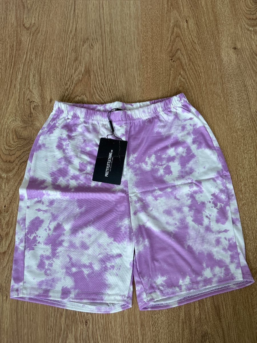 PrettyLittleThing Lilac Tie Dye Cycling Shorts NWT Purple White Jersey UK 12 Medium