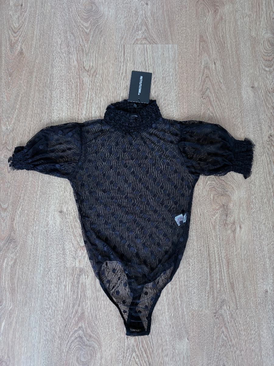 PrettyLittleThing Black Mesh Polka Dot Bodysuit Puff Sleeve High Neck Mock UK 8 US 4