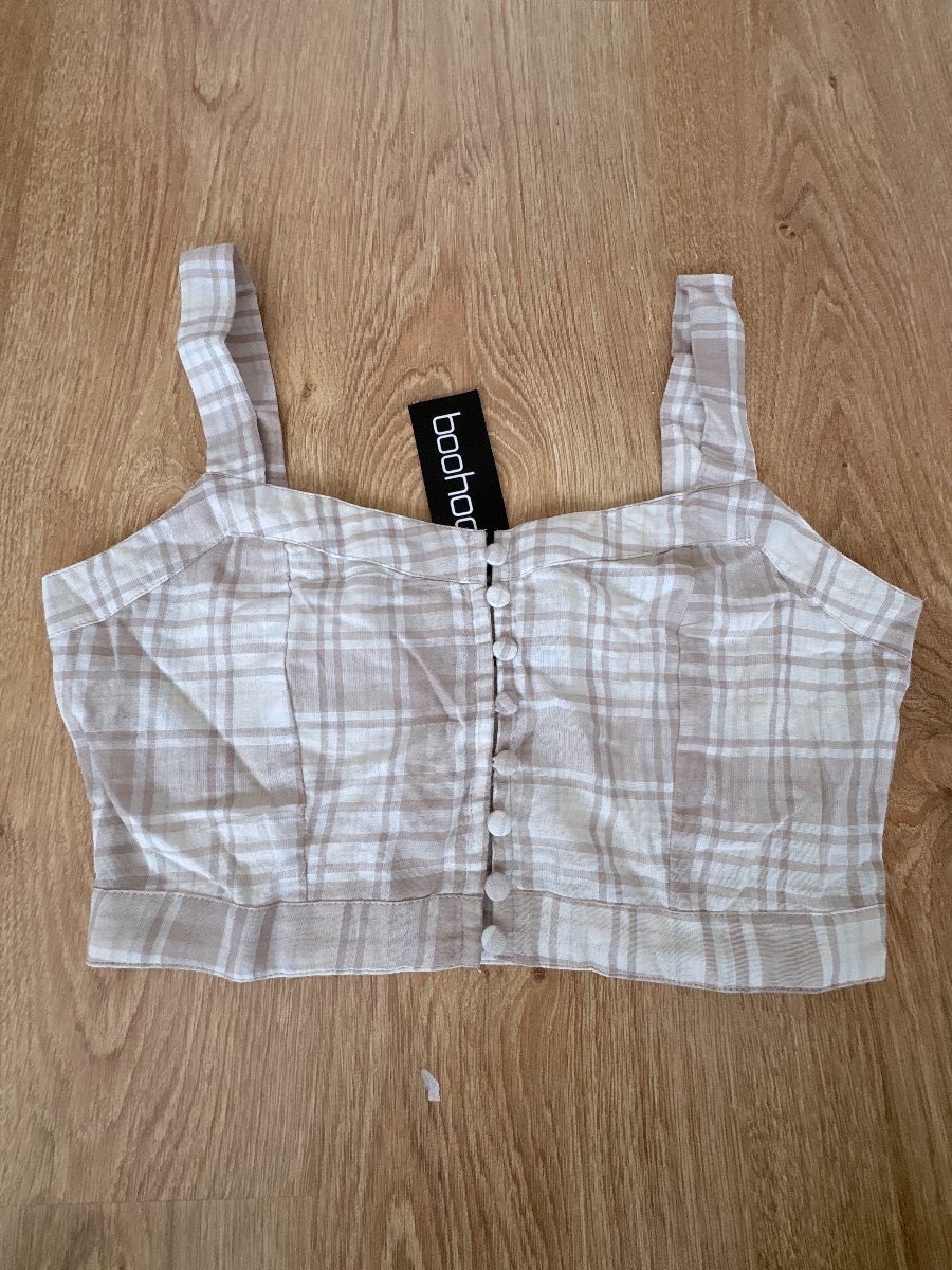Boohoo Beige Plaid Crop Top Cotton Button Down Camisole Check Checkered UK 10 US 6