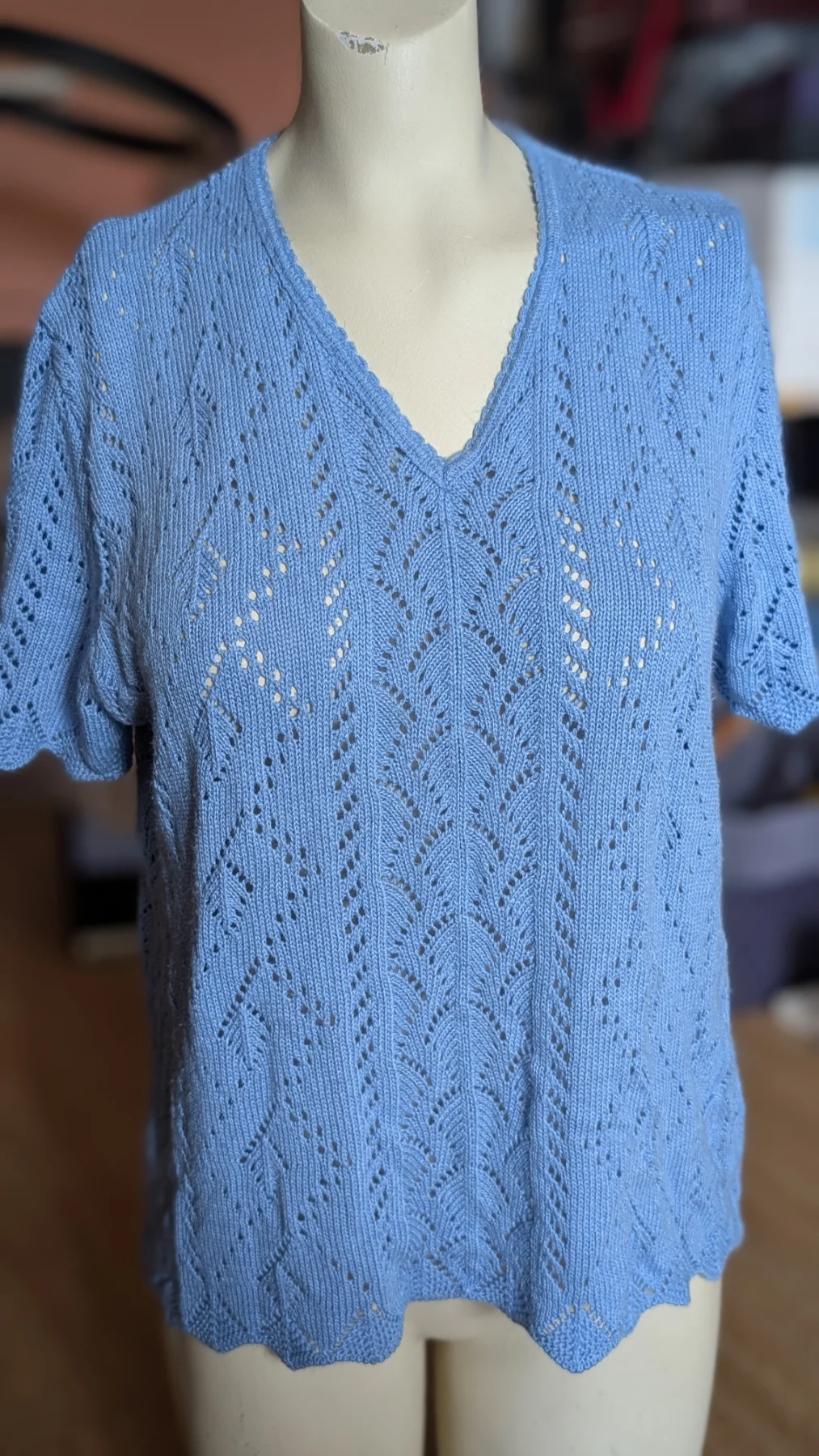 Vintage iris blue Edna Hough knitted short sleeve blouse