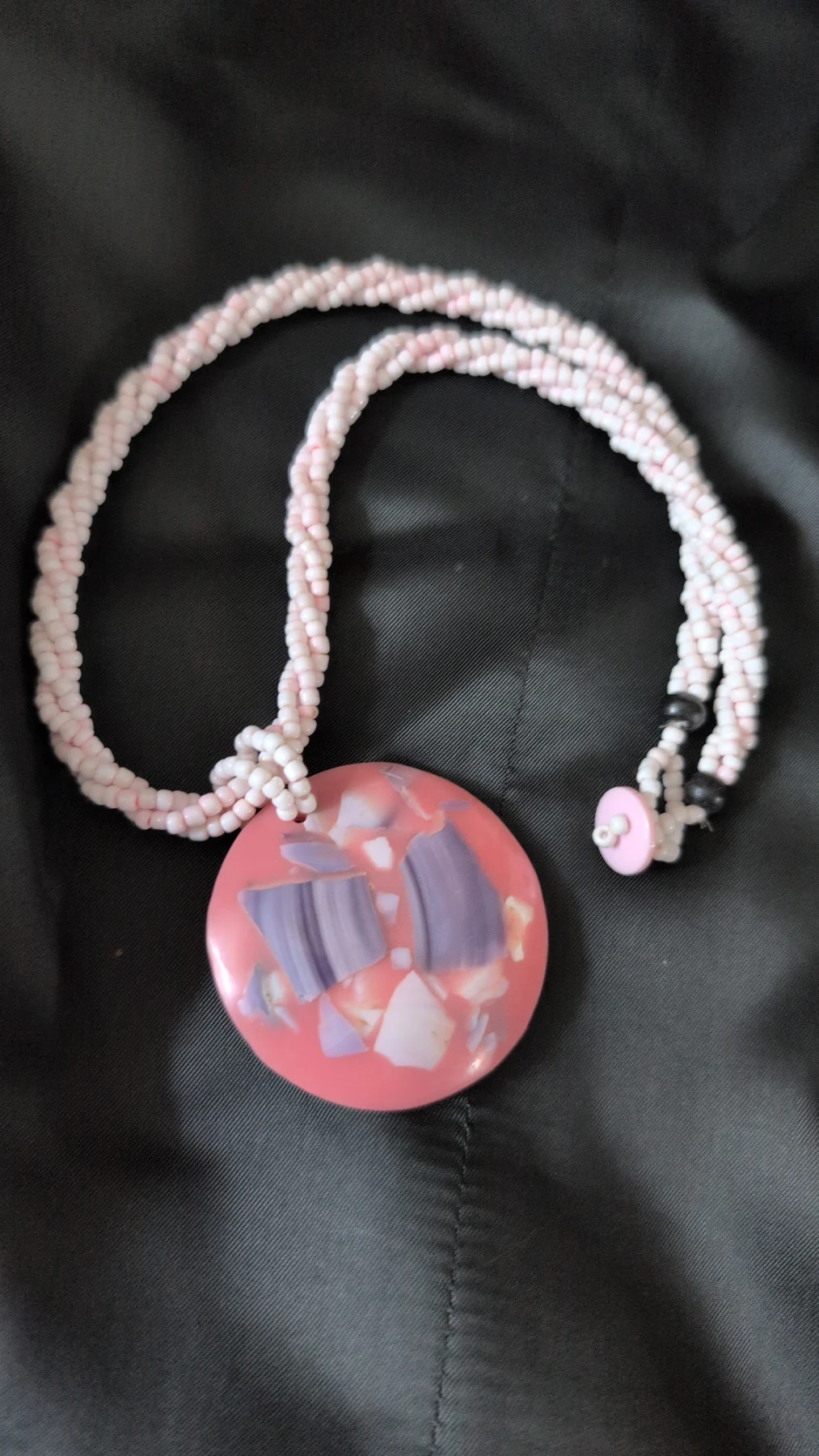Boho Pastel Seed Bead Braided Necklace & Round Resin Pendant