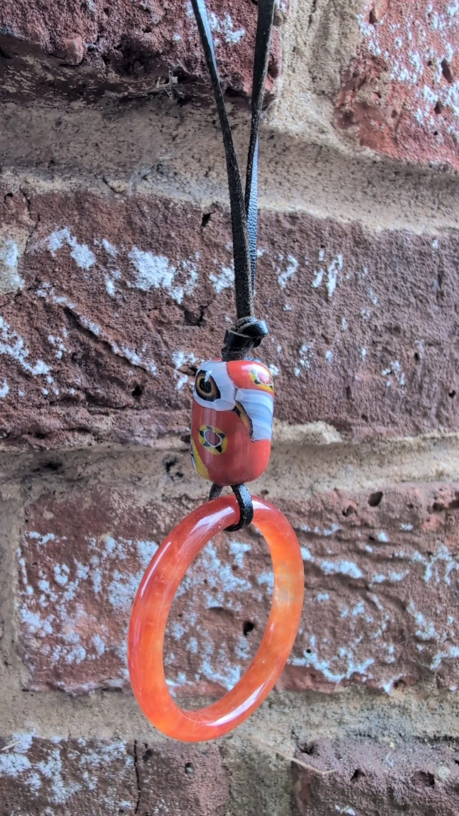 Vintage Carnelian Ring & Murano  Glass Bead Leather Necklace