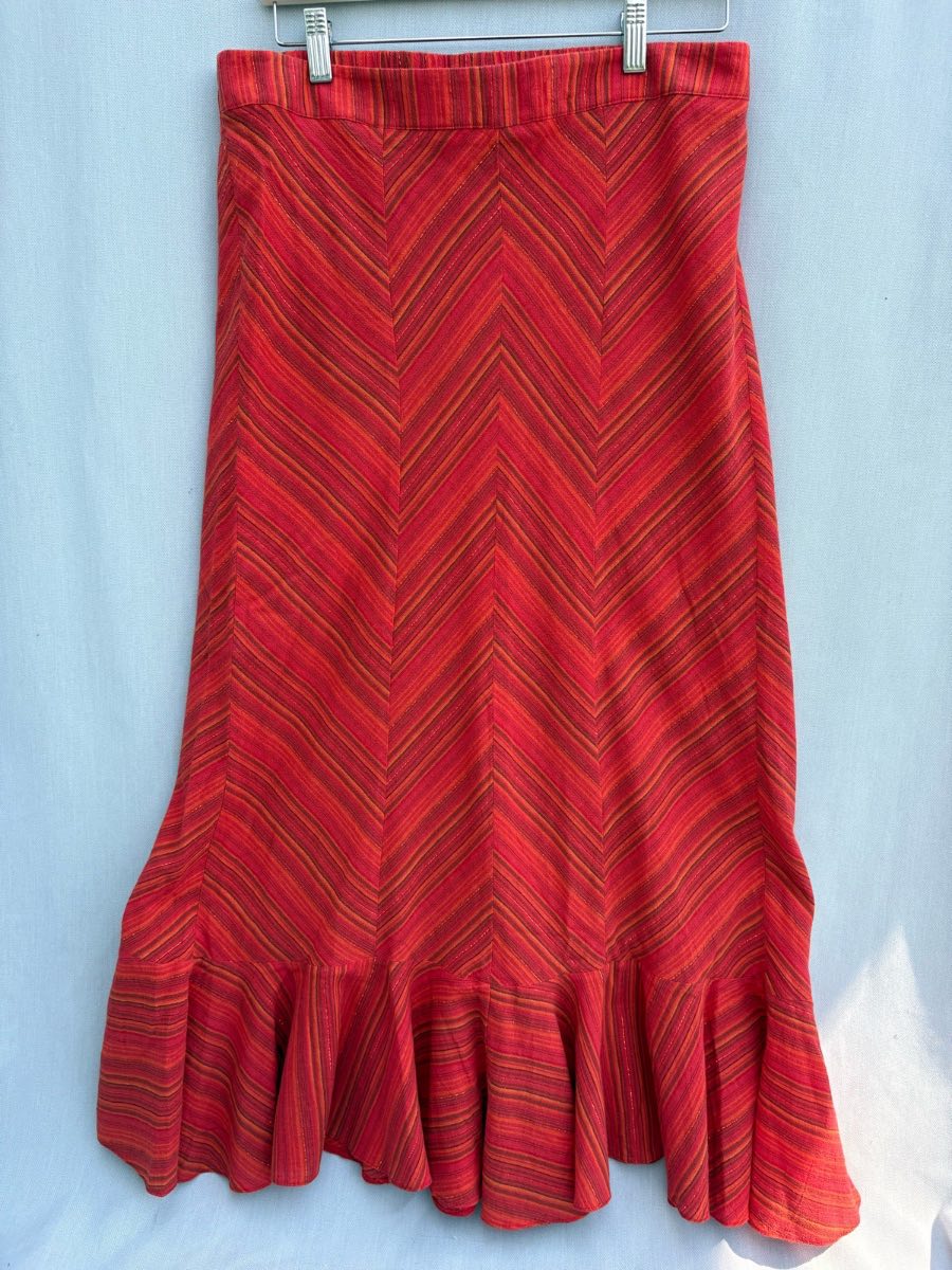 Essence by Evans size 16 red/orange stripe midi/maxi skirt cotton blend boho metallic thread