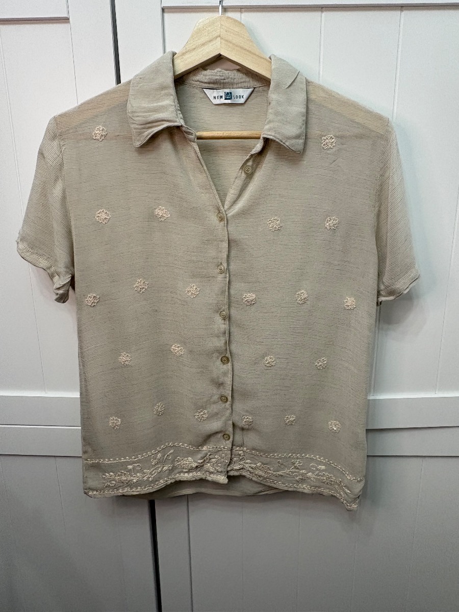 Vintage New Look beige sheer shirt with embroidery size 14