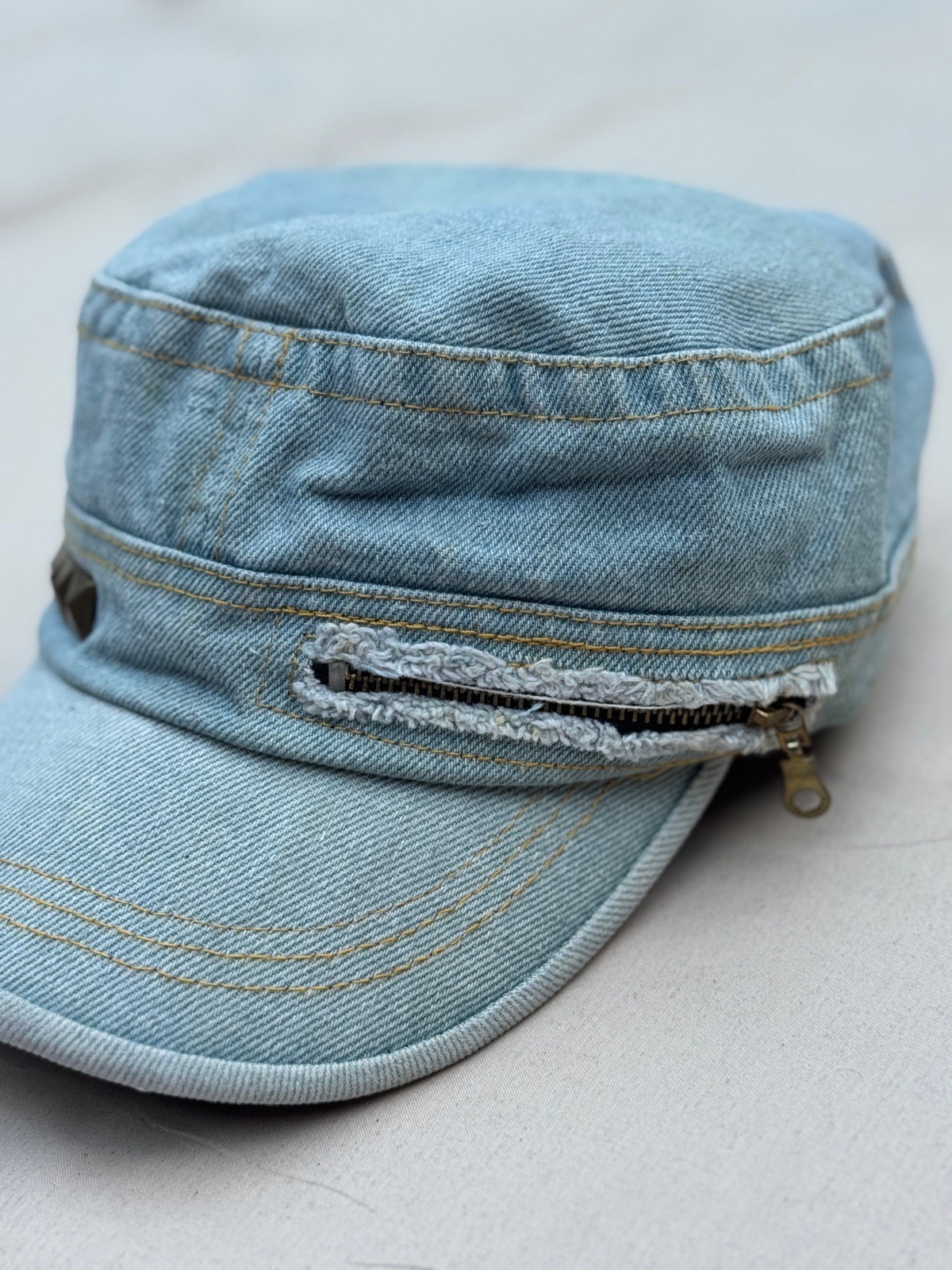 New With Tags Blue Denim Military Cadet Cap – Studded Detail & Zip Pocket