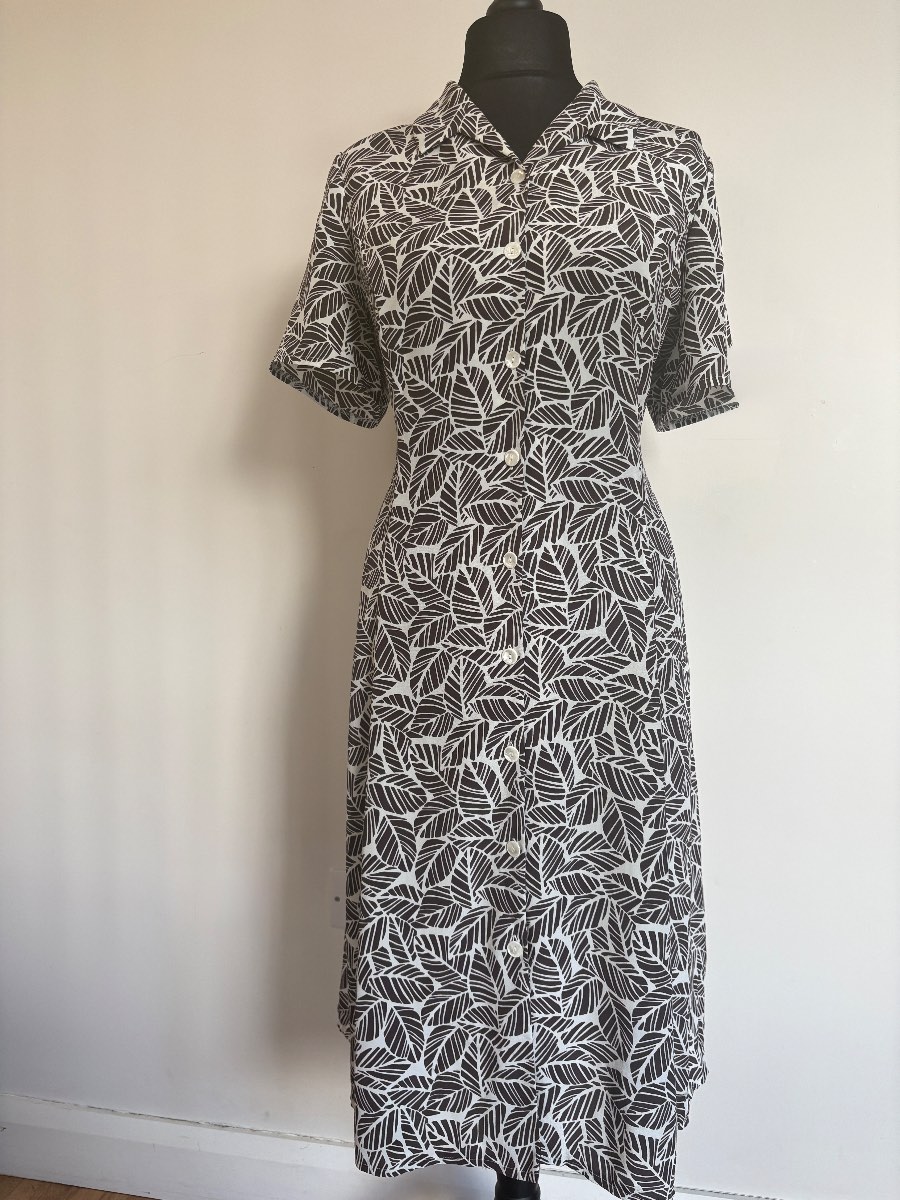 Eastex Brown & White Leaf Print Button Front Midi Dress UK 14