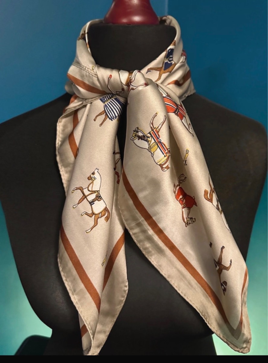 Gorgeous Champagne Equestrian Horse Print Faux Silk Scarf.