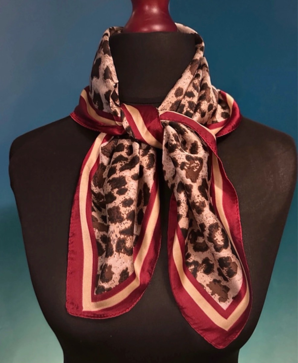 Gorgeous Leopard Print Faux Silk Scarf with Burgundy Trim