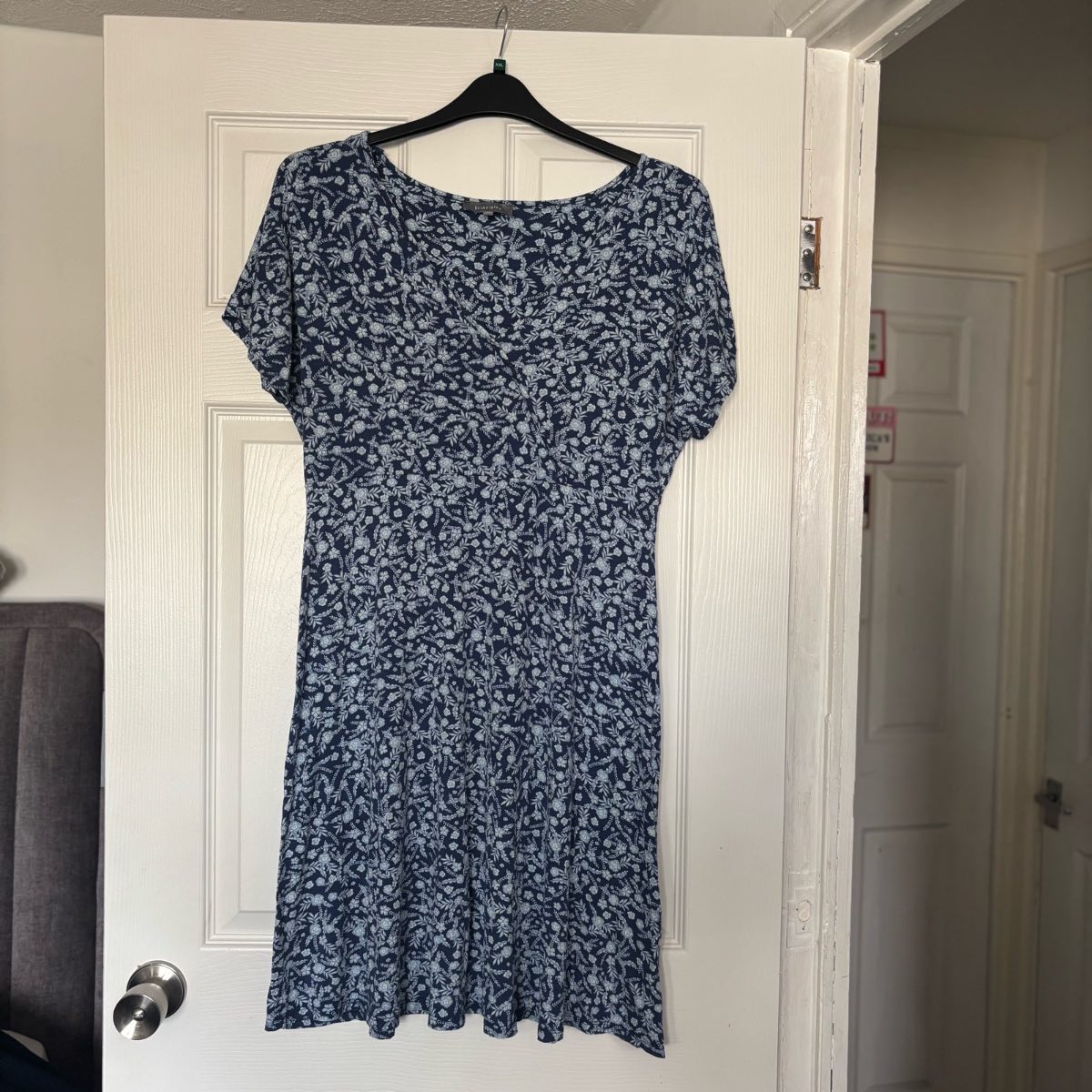 Principles Blue & White Floral Jersey Dress Short Sleeve Knee Length Size UK 16 Stretch Round Neck