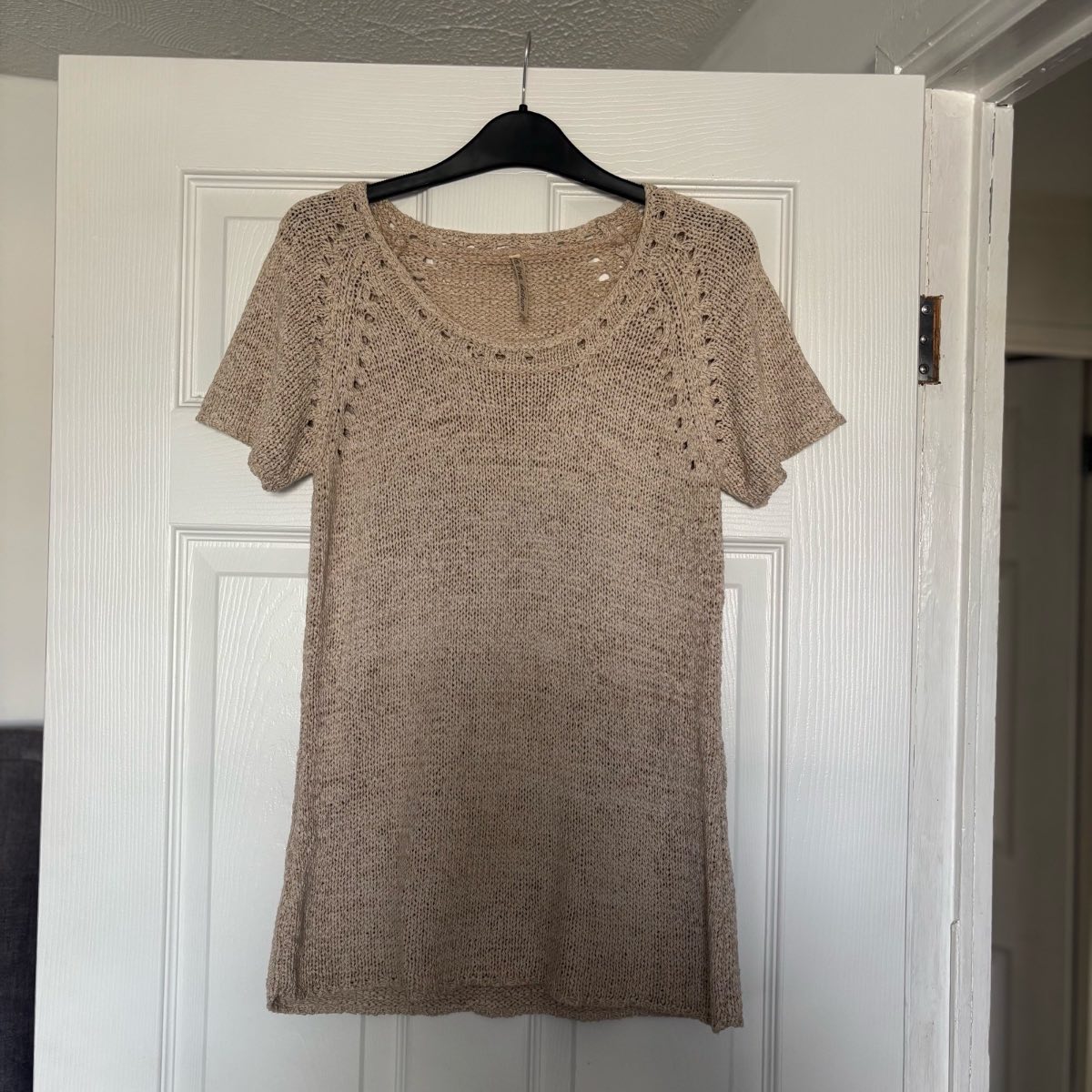 E-vie Beige Crochet Cover Up Top Summer Knit Holiday Short Sleeve Size UK 10-12