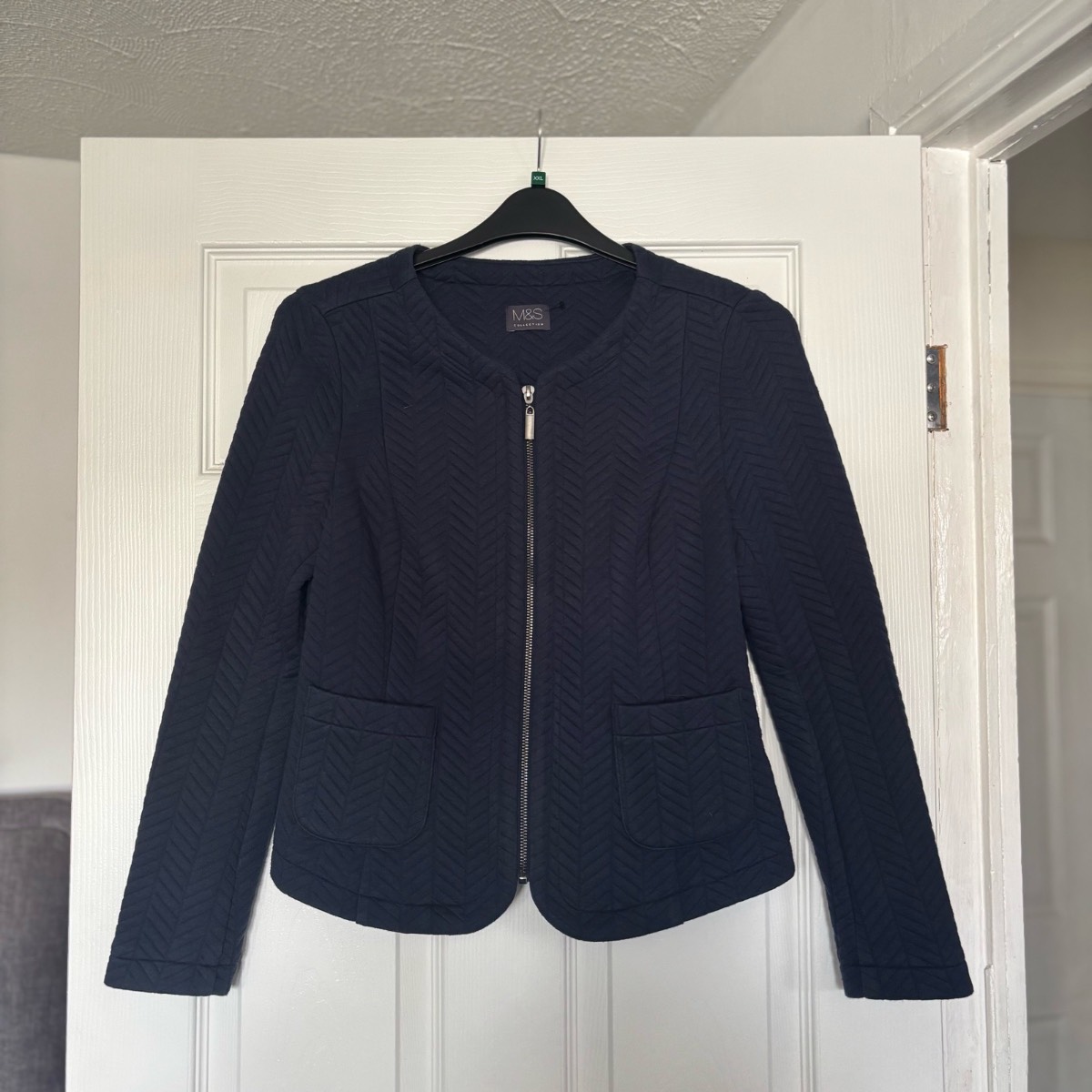 M&S Collection Navy Blue Quilted Jacket Long Sleeve Size UK 12 Smart Casual Zip Up Cotton Blend