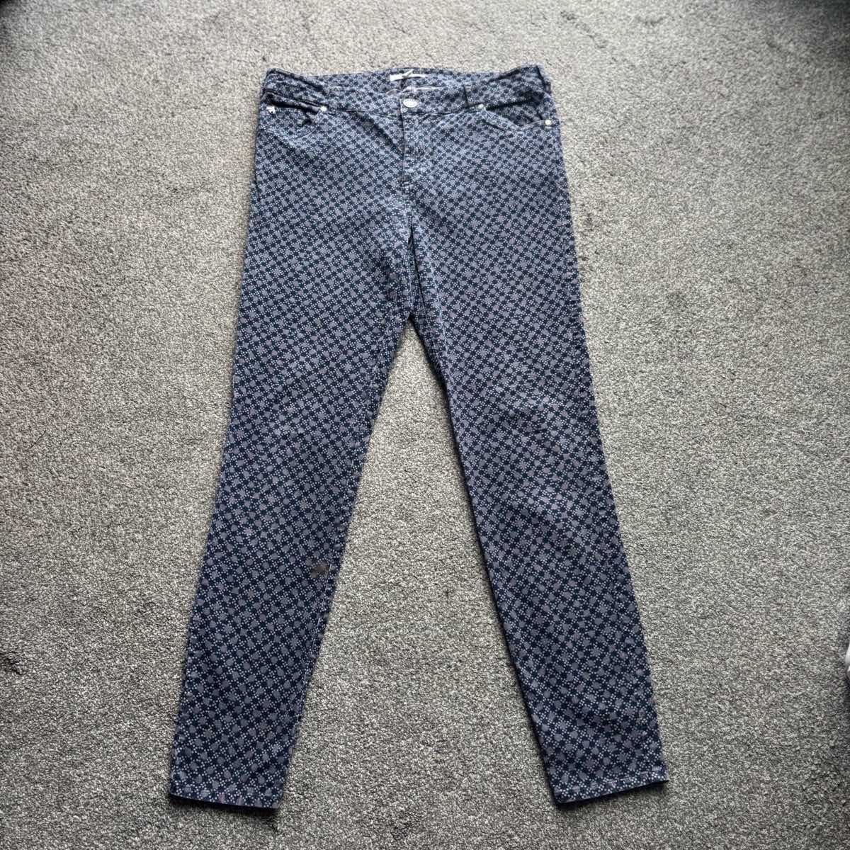 White Stuff Blue & Grey Mid Rise Skinny Fit Trousers Size UK 12 Smart Casual Cotton Blend Boho