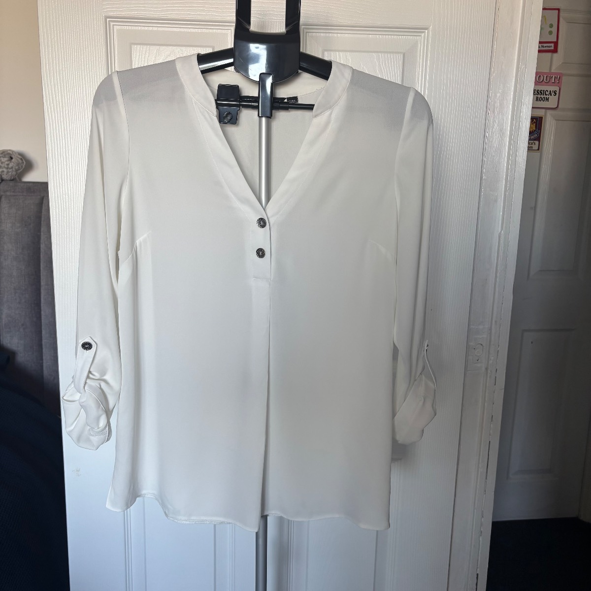 Dorothy Perkins White V Neck 3/4 Sleeve Blouse Size UK 12 Sheer Lightweight